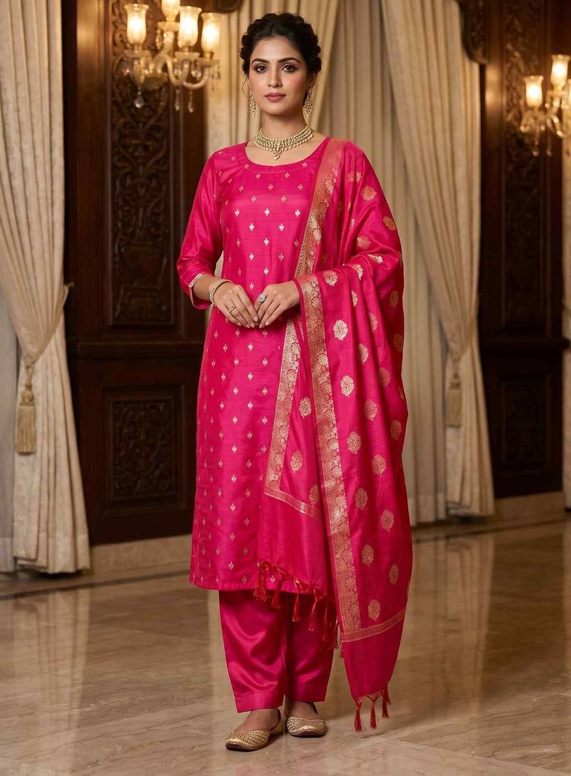 Banarasi cotton semi silk 3pcs unstiched dress material in rani pink colour with zari booti work