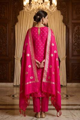 Banarasi cotton semi silk 3pcs unstiched dress material in rani pink colour with zari booti work 2