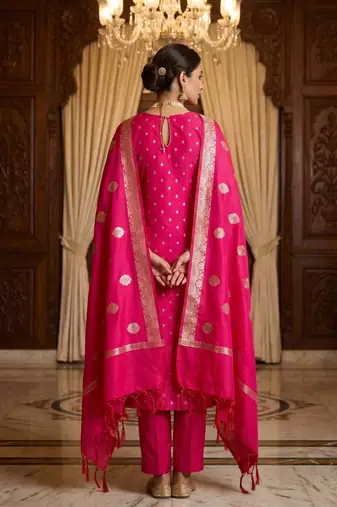 Banarasi cotton semi silk 3pcs unstiched dress material in rani pink colour with zari booti work
