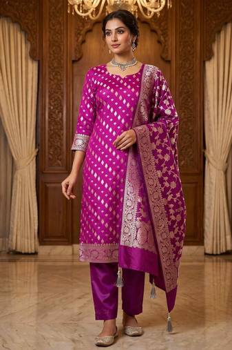 Banarasi cotton semi silk 3pcs unstiched dress material in magenta colour with zari booti work