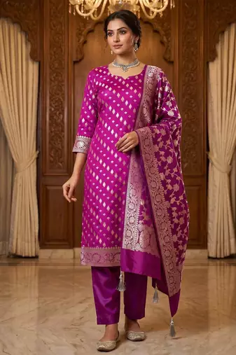 Banarasi cotton semi silk 3pcs unstiched dress material in magenta colour with zari booti work
