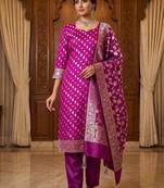 Banarasi cotton semi silk 3pcs unstiched dress material in magenta colour with zari booti work