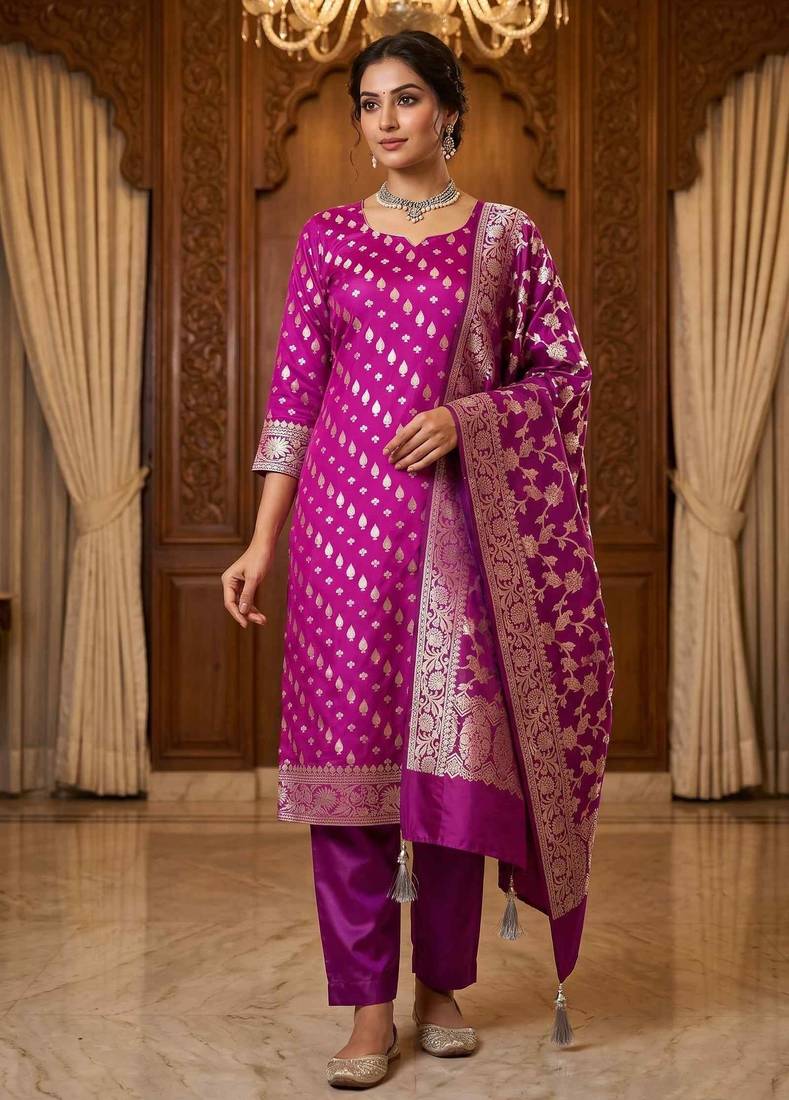 Banarasi cotton semi silk 3pcs unstiched dress material in magenta colour with zari booti work