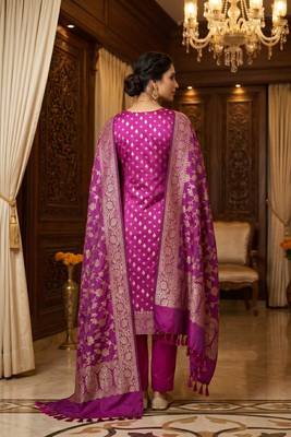Banarasi cotton semi silk 3pcs unstiched dress material in magenta colour with zari booti work 2