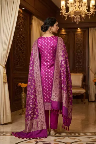 Banarasi cotton semi silk 3pcs unstiched dress material in magenta colour with zari booti work