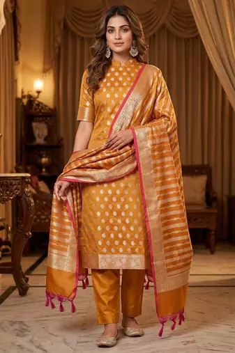 Banarasi cotton semi silk 3pcs unstiched dress material in rust orange colour with zari booti work