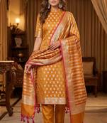 Banarasi cotton semi silk 3pcs unstiched dress material in rust orange colour with zari booti work