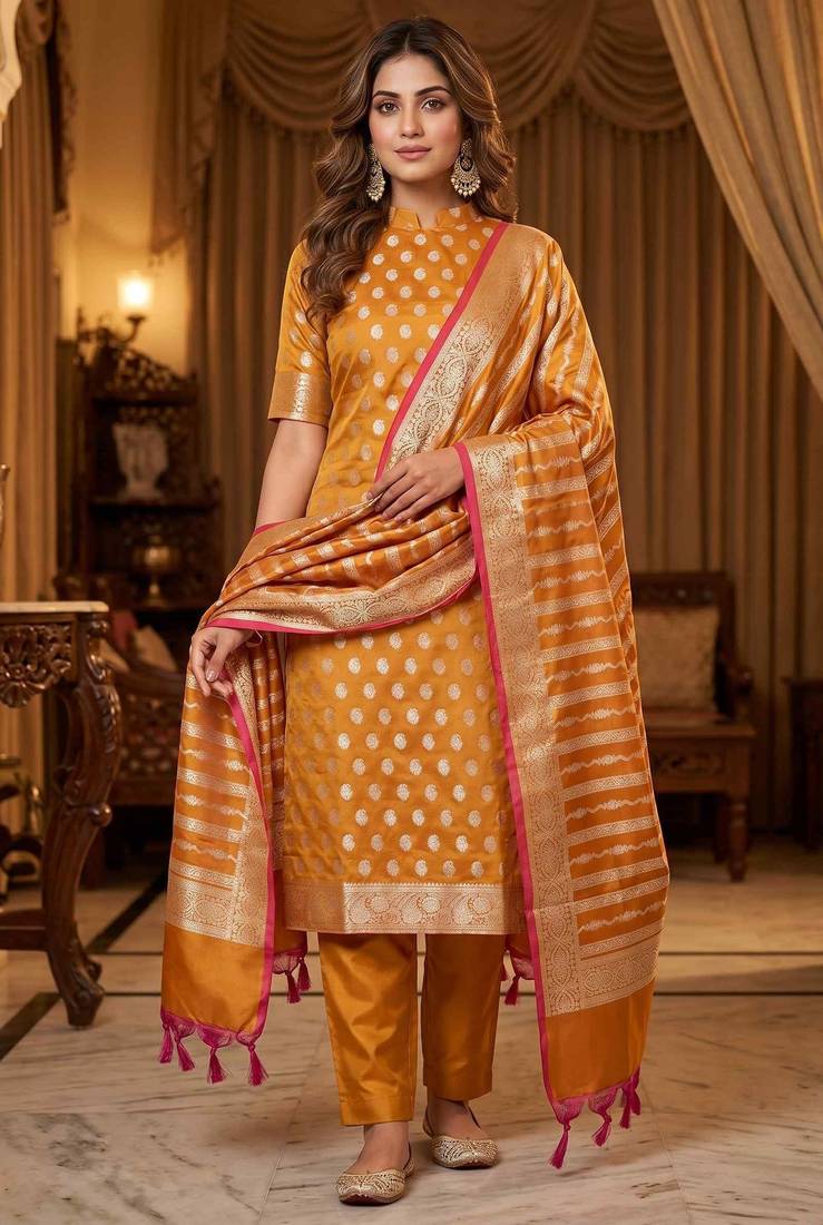 Banarasi cotton semi silk 3pcs unstiched dress material in rust orange colour with zari booti work