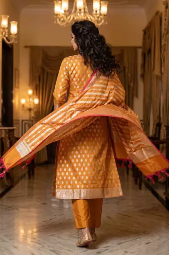Banarasi cotton semi silk 3pcs unstiched dress material in rust orange colour with zari booti work