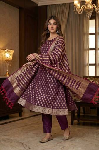 Banarasi cotton semi silk 3pcs unstiched dress material in wine colour with zari booti work