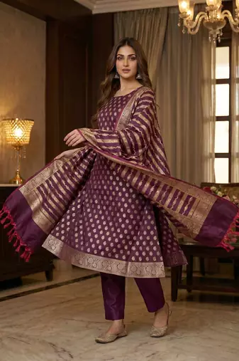 Banarasi cotton semi silk 3pcs unstiched dress material in wine colour with zari booti work