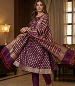 Banarasi cotton semi silk 3pcs unstiched dress material in wine colour with zari booti work