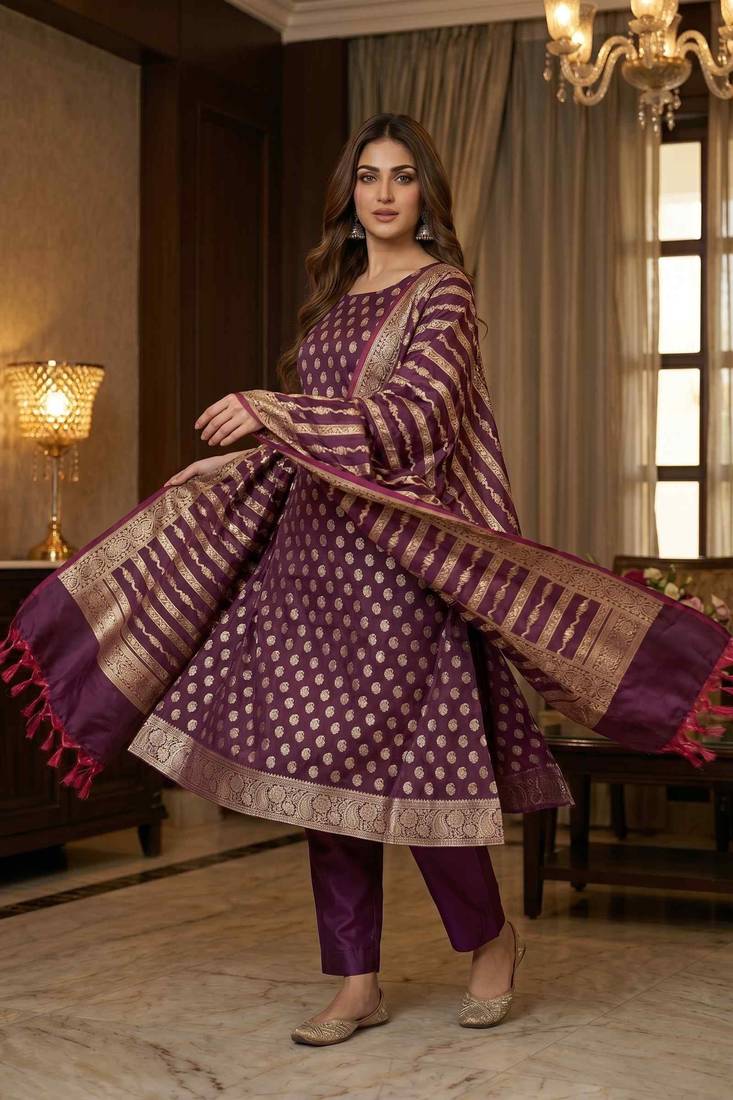Banarasi cotton semi silk 3pcs unstiched dress material in wine colour with zari booti work