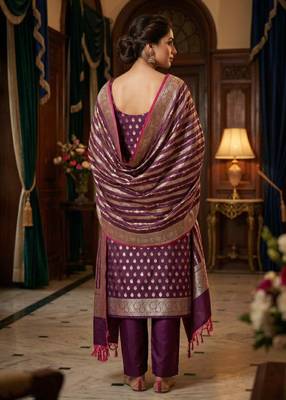 Banarasi cotton semi silk 3pcs unstiched dress material in wine colour with zari booti work 2