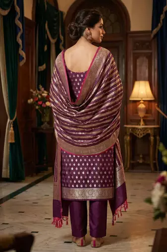 Banarasi cotton semi silk 3pcs unstiched dress material in wine colour with zari booti work