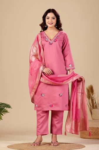 Pink roman fabric handwork applique suit set with heavy jacquard dupatta