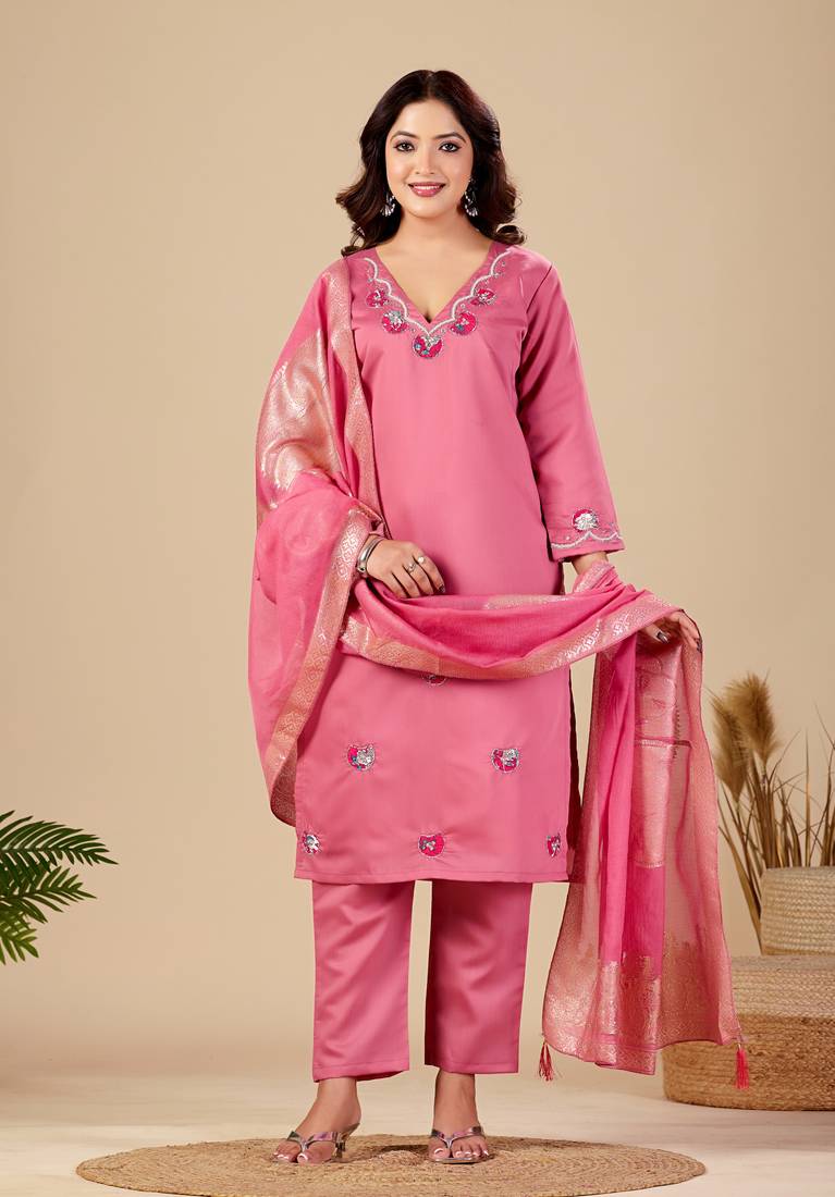 Pink roman fabric handwork applique suit set with heavy jacquard dupatta
