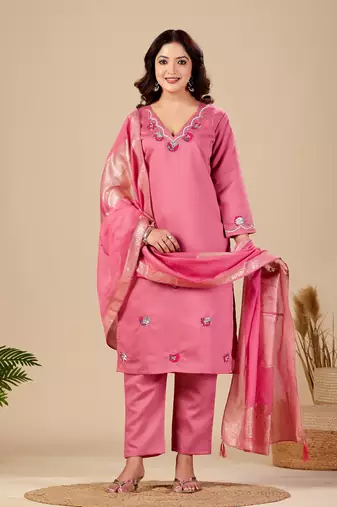Pink roman fabric handwork applique suit set with heavy jacquard dupatta