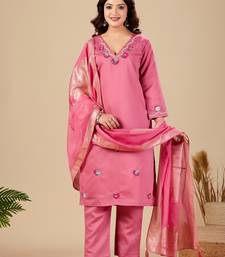 Pink roman fabric handwork applique suit set with heavy jacquard dupatta