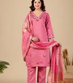 Pink roman fabric handwork applique suit set with heavy jacquard dupatta
