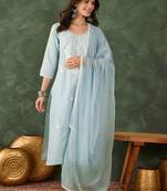 Women's Beautiful Thread Work Cotton Blend Fabric Straight Kurta Pant and Dupatta Set