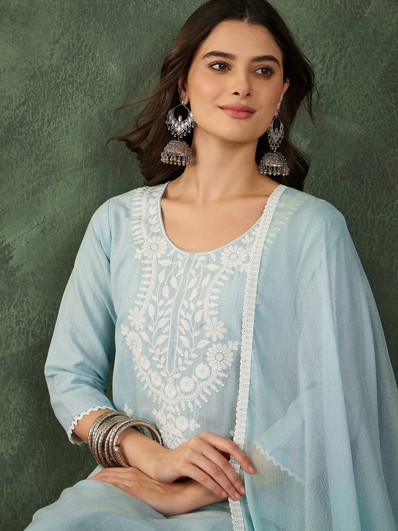 Women's Beautiful Thread Work Cotton Blend Fabric Straight Kurta Pant and Dupatta Set