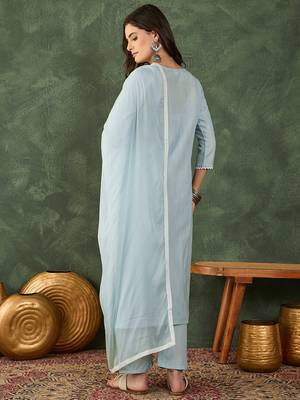 Women's Beautiful Thread Work Cotton Blend Fabric Straight Kurta Pant and Dupatta Set 4
