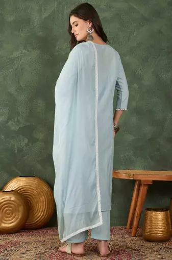 Women's Beautiful Thread Work Cotton Blend Fabric Straight Kurta Pant and Dupatta Set