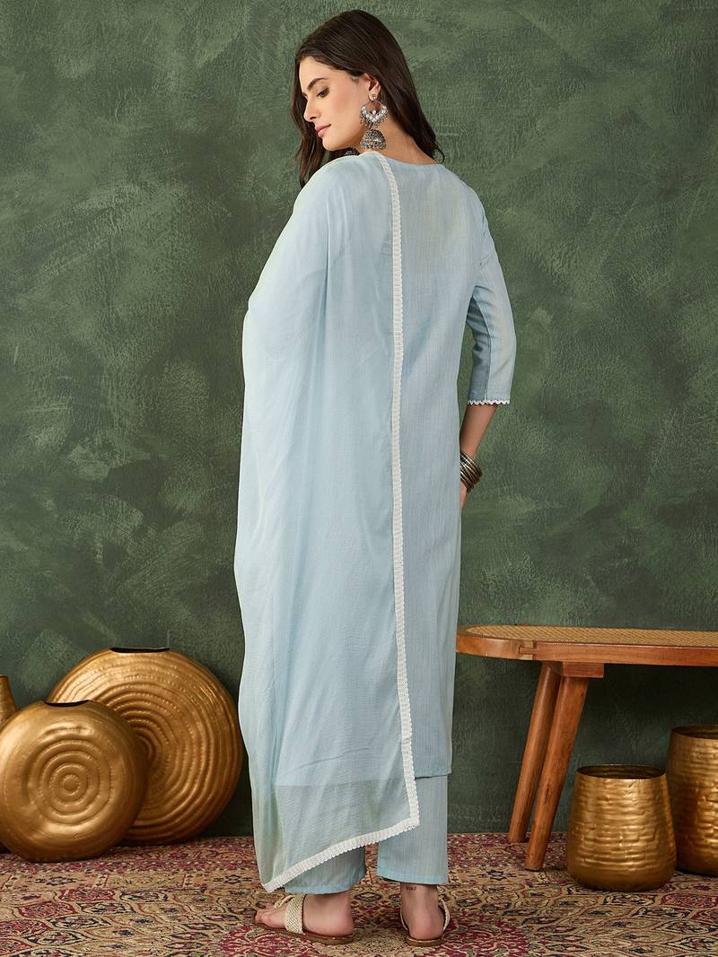 Women's Beautiful Thread Work Cotton Blend Fabric Straight Kurta Pant and Dupatta Set