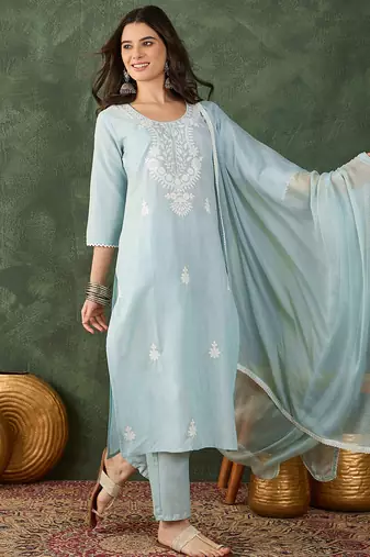 Women's Beautiful Thread Work Cotton Blend Fabric Straight Kurta Pant and Dupatta Set