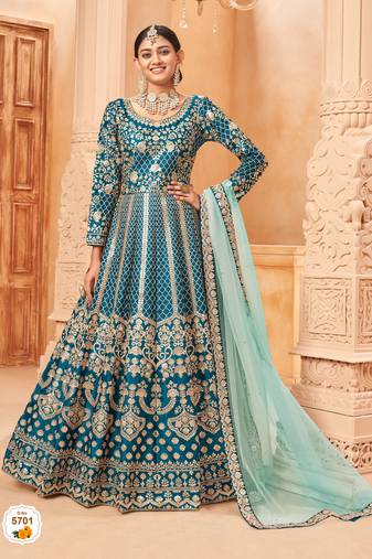 Teal colour foil work art silk Semi Stich anarkali gown