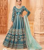 Teal colour foil work art silk Semi Stich anarkali gown