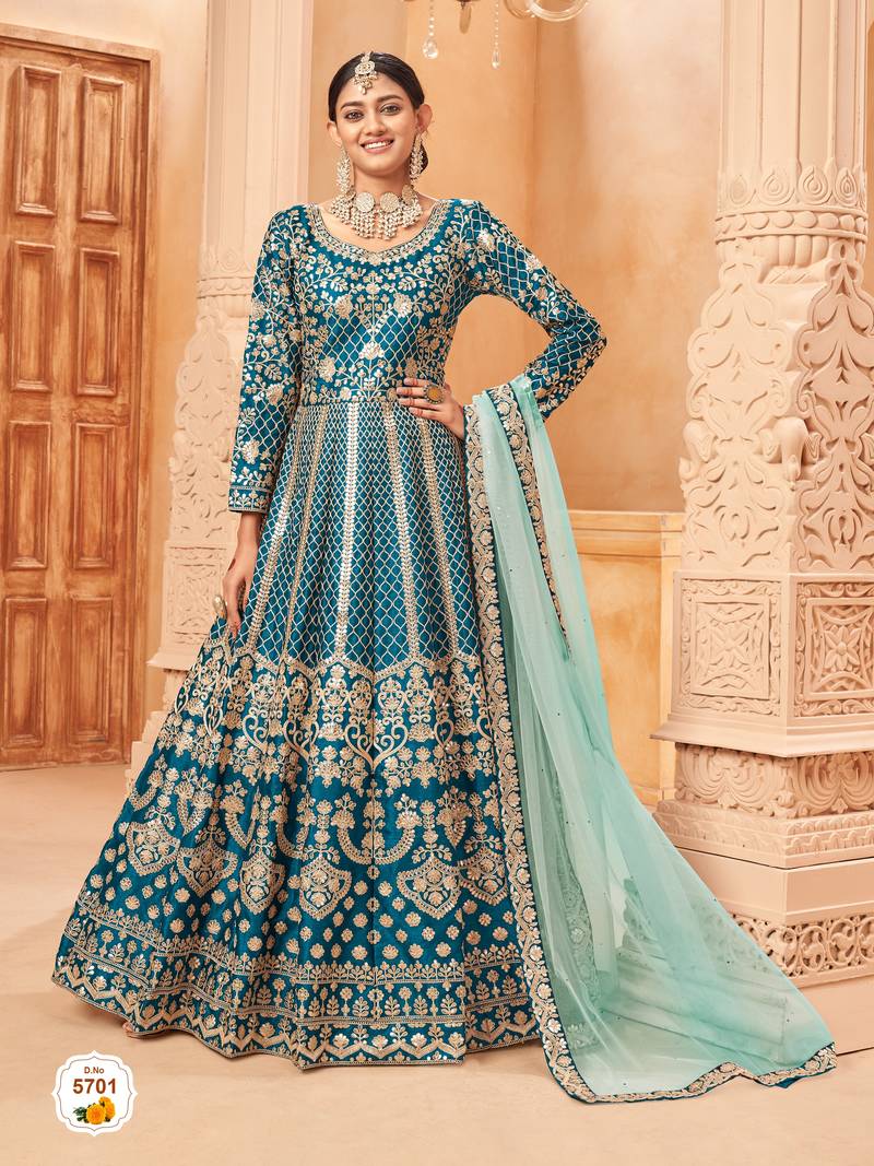 Teal colour foil work art silk Semi Stich anarkali gown