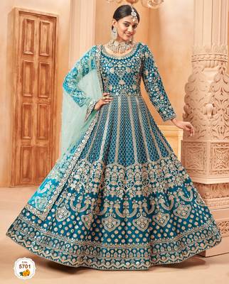 Teal colour foil work art silk anarkali gown 2