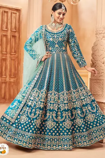 Teal colour foil work art silk Semi Stich anarkali gown
