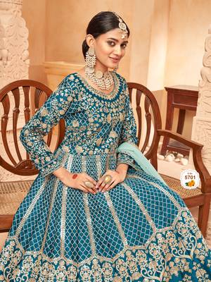 Teal colour foil work art silk anarkali gown 3