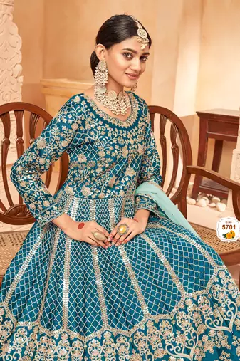 Teal colour foil work art silk Semi Stich anarkali gown