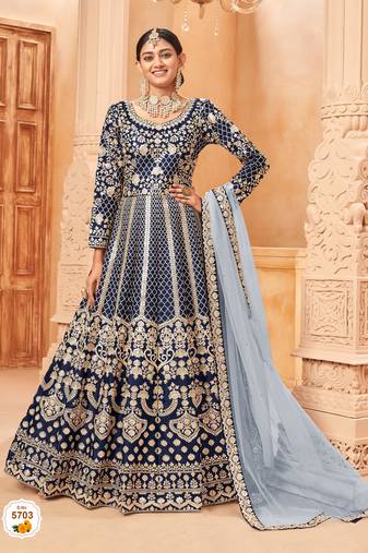 Neavy Blue colour foil Work semi stich art silk anarkali gown