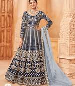 Neavy Blue colour foil Work semi stich art silk anarkali gown