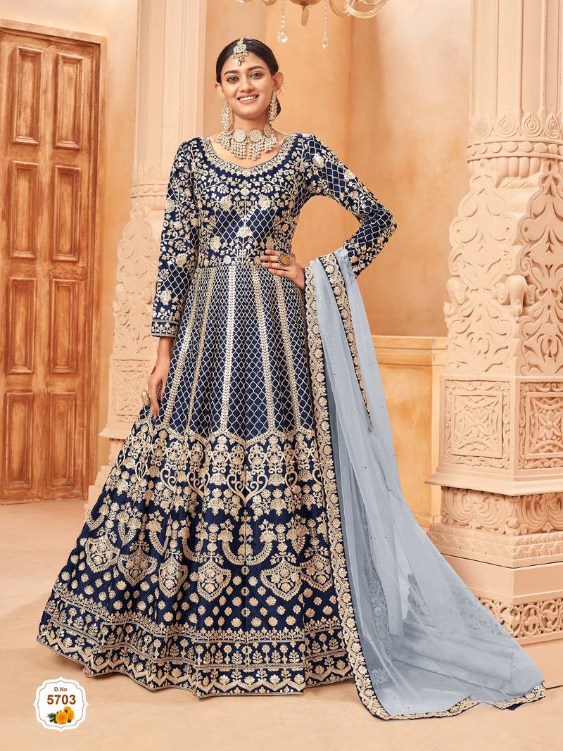 Neavy Blue colour foil Work semi stich art silk anarkali gown