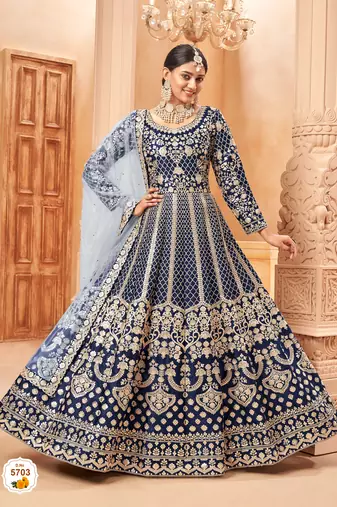 Neavy Blue colour foil Work semi stich art silk anarkali gown