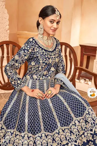 Neavy Blue colour foil Work semi stich art silk anarkali gown