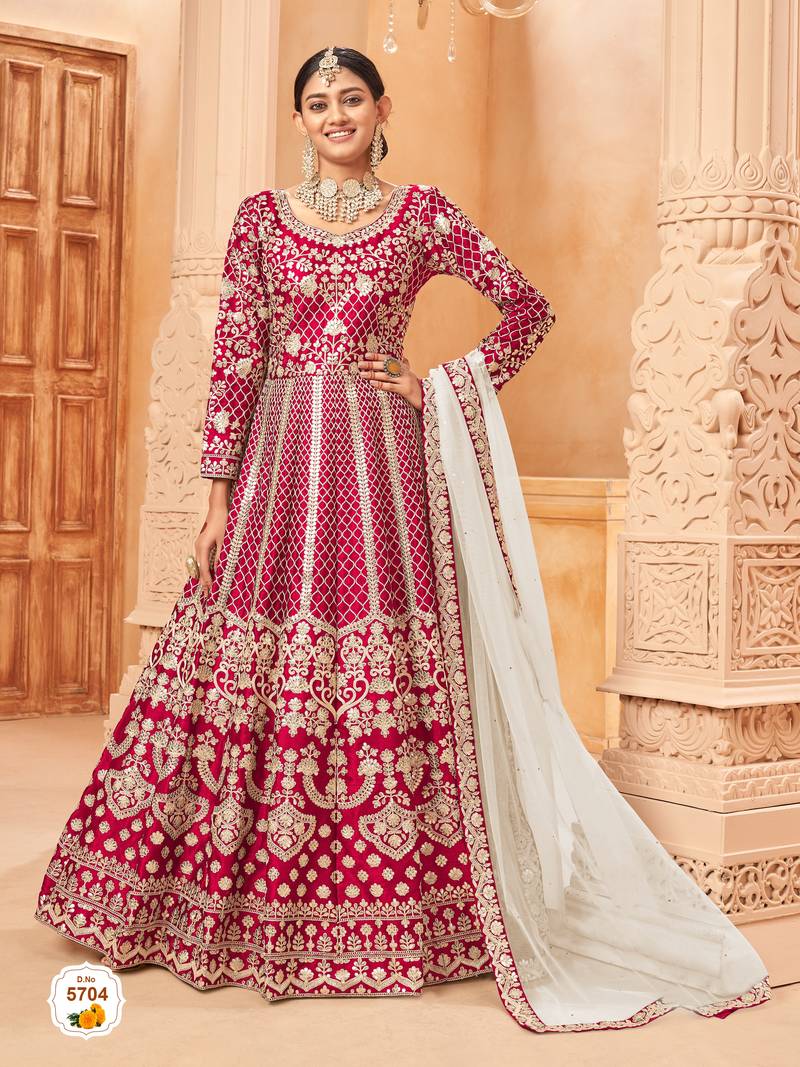  Rani pink colour foil Semi Stich Art silk anarkali gown