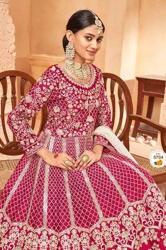  Rani pink colour foil Semi Stich Art silk anarkali gown