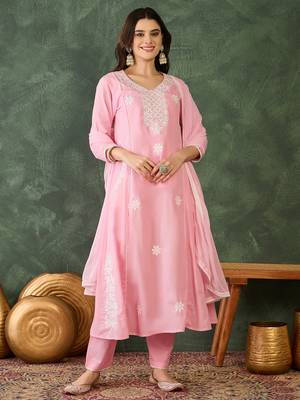 Women's Beautiful Thread Work Cotton Blend Fabric Flared Kurta Pant and Dupatta Set 1