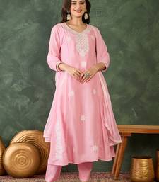 Women's Beautiful Thread Work Cotton Blend Fabric Flared Kurta Pant and Dupatta Set