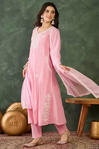Women's Beautiful Thread Work Cotton Blend Fabric Flared Kurta Pant and Dupatta Set