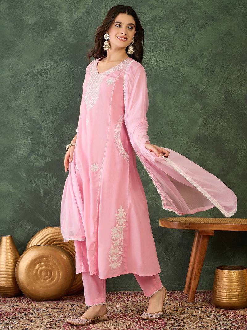 Women's Beautiful Thread Work Cotton Blend Fabric Flared Kurta Pant and Dupatta Set