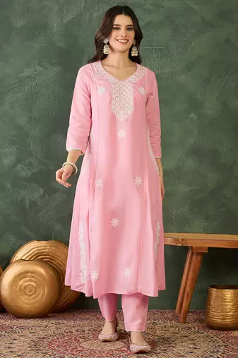 Women's Beautiful Thread Work Cotton Blend Fabric Flared Kurta Pant and Dupatta Set