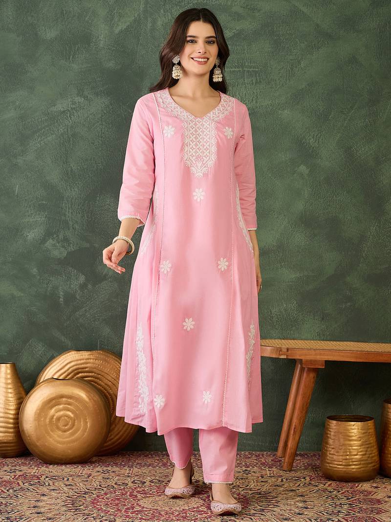 Women's Beautiful Thread Work Cotton Blend Fabric Flared Kurta Pant and Dupatta Set